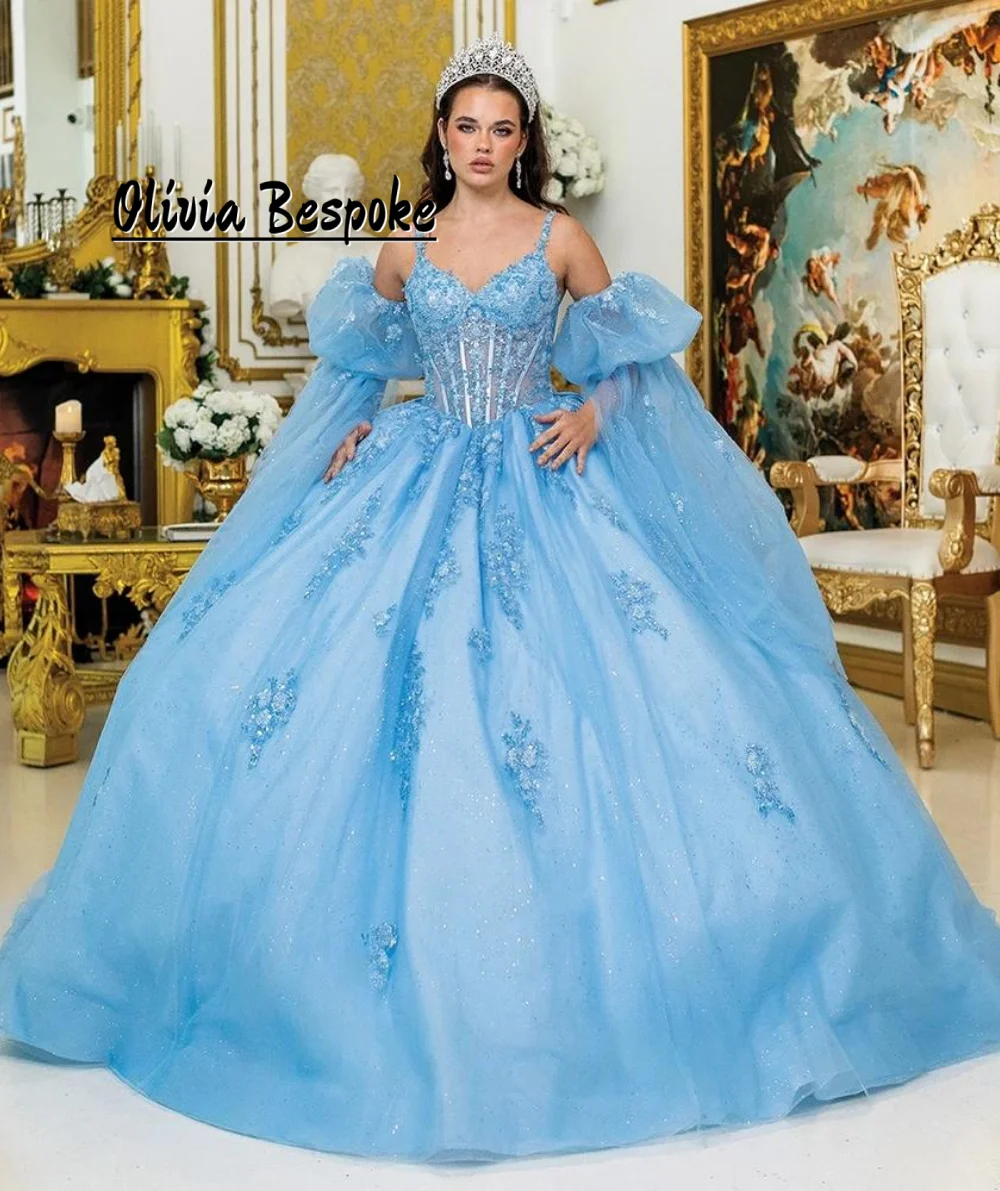 

Fantastic Blue Spaghetti 15 Year Old Quinceanera Dress Lace Applique Off Shoulder Ball Gown Birthday Dress Luxury Bow Customized