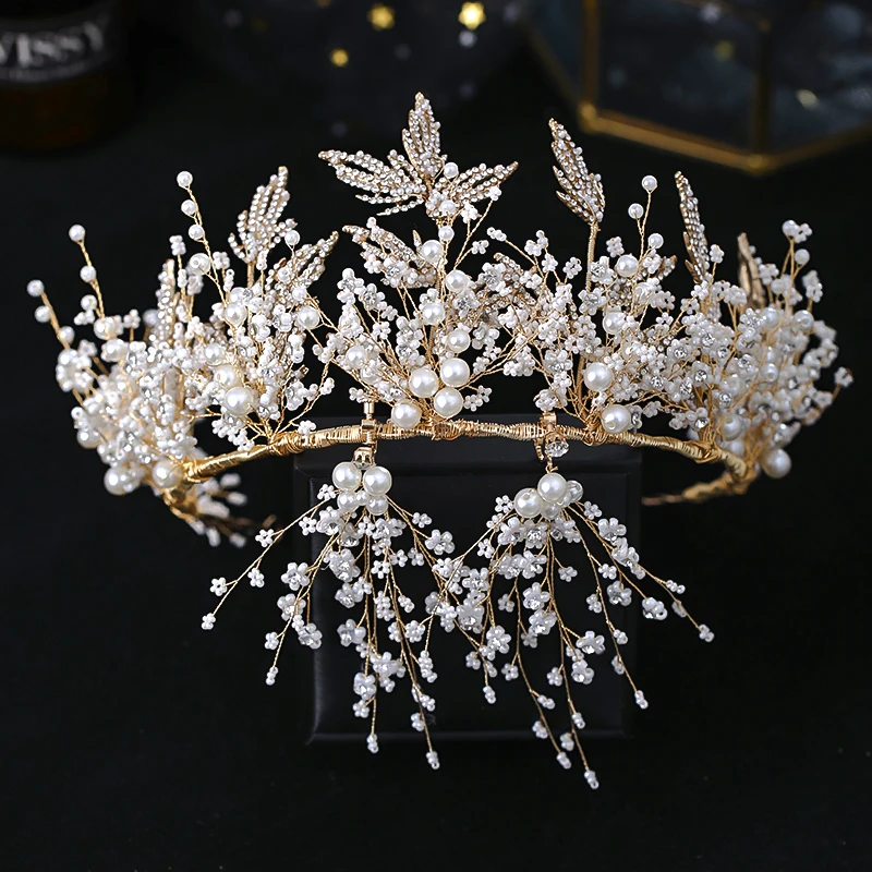 

Golden Tiaras and Crowns Wedding Hair Accessorie s For Women Birde Wedding Accessories Pearl Rhinestone Luxurious Head jewelry