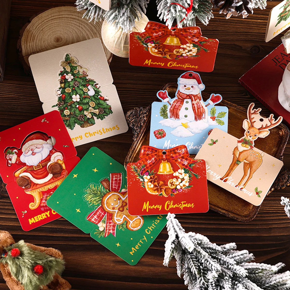 10 Pieces Per Pack Of Vintage Christmas Pattern Foldable Greeting Cards, Hangable Design Holiday Cards, Christmas Tree Decoratio