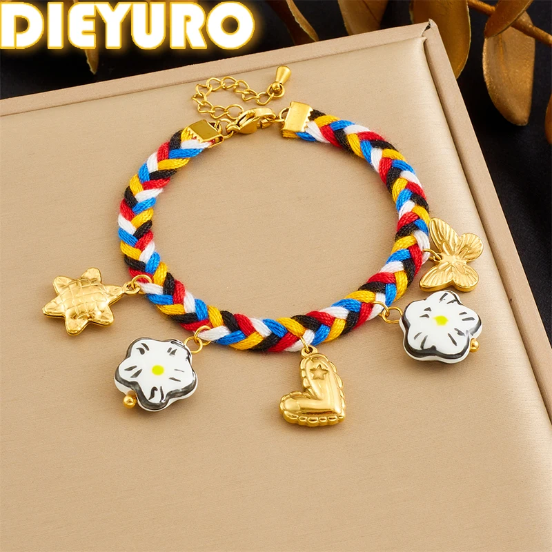 

DIEYURO 316L Stainless Steel Golden Heart Butterfly Ceramic Flower Bracelet Women Vintage Colorful Handmade Rope Chain Jewelry