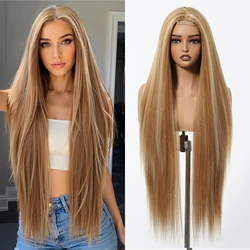 DWY 36in Golden Blonde Highlight Synthetic Wig For Women Long Straight Hairline Lace Front Wig Daily Party Heat Resistant Wig