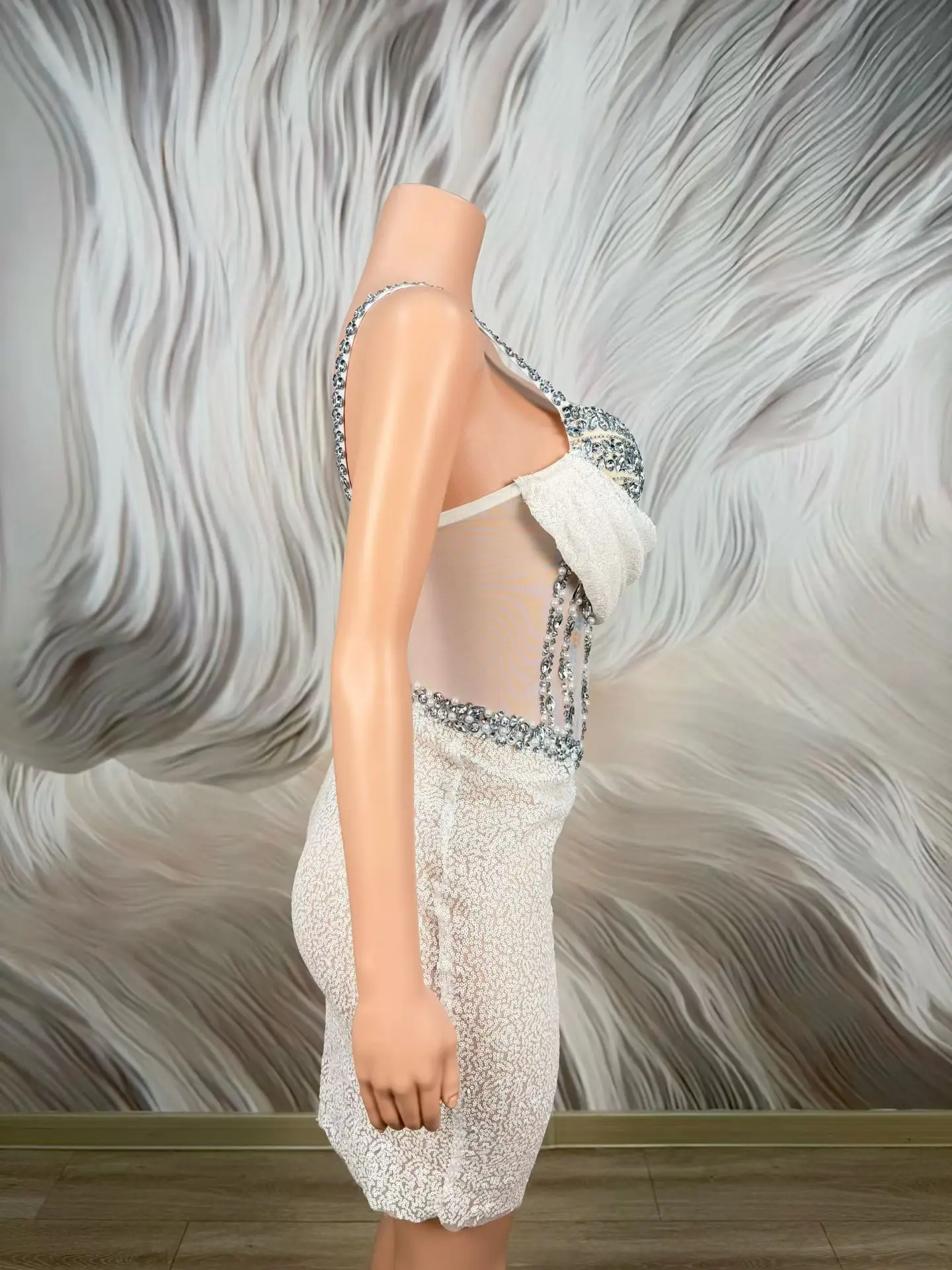 Baishatang Glamorous White Sequin Rhinestone Corset Spaghetti Strap Mini Dress Formal Cocktail Party Nightclub Gown - view 4