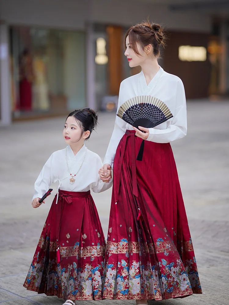 Chinese Skirts for Girl Horse Face Skirt Set Self Tie Floal Print Elegant Vintage Long Swing Maxi Pleated Skirt Outfit Mamianqun