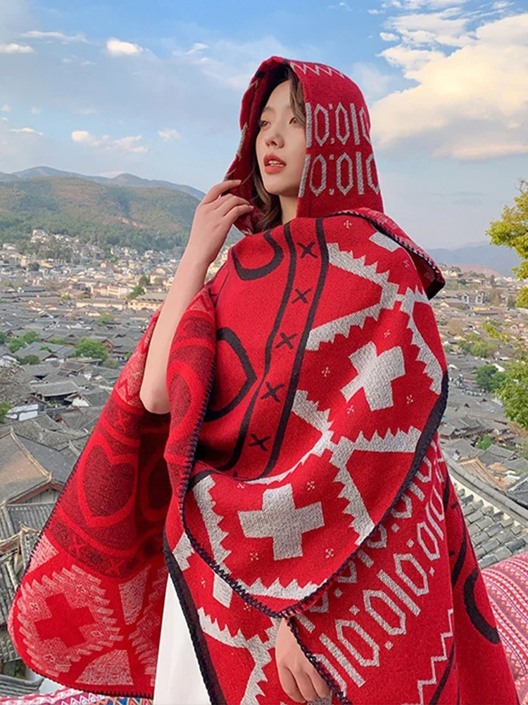 

Imitation Cashmere Elegant Women Scarf Winter Hooded Poncho Warm Female Boho Thick Wrap Blanket Capa Para Mujer Pashmina Shawls