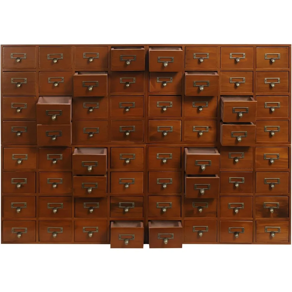 Wooden 64-Drawer Storage Cabinet, Traditional Apothecary Style, Library Card Catalog, Herb Organizer with Label Holder