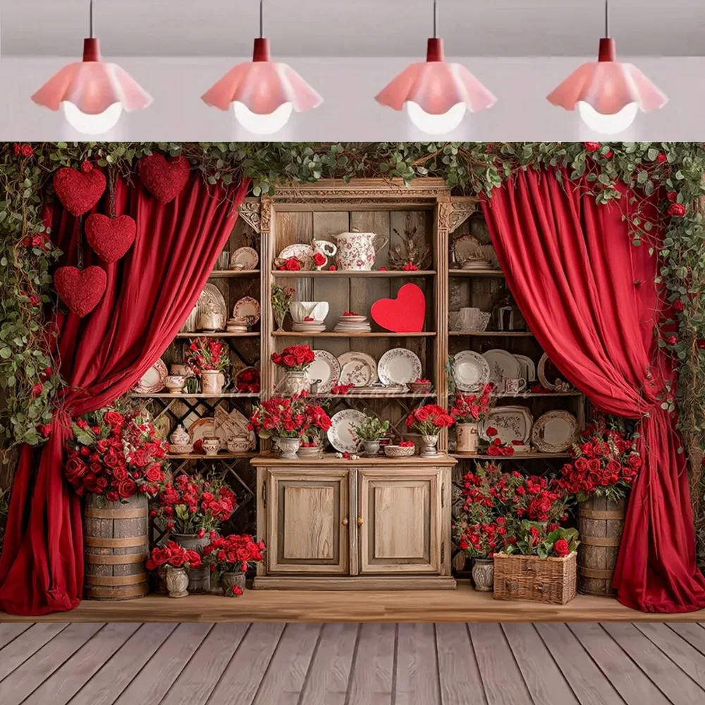 

Valentine's Day red rose heart-shaped wooden cabinet banner shooting Backdrop, Valentine's Day adult portrait shooting Backdrop
