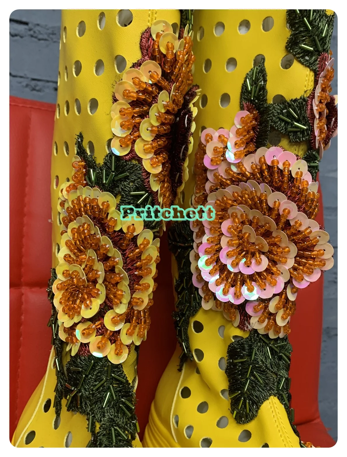 Yellow Embroidered Flower Handmade Diamond Hollow knee-high Boots Heightening Shoes Round Toe Women 2024 Luxury Elegant New