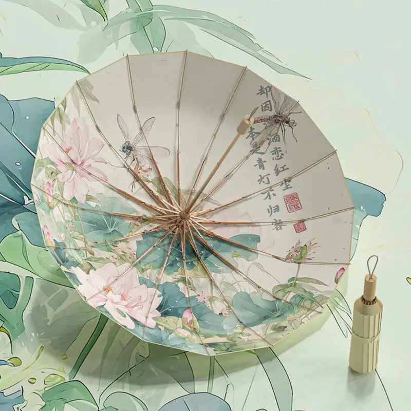 Folding Umbrella Windproof Sun Folding Umbrella UV Blocking Wooden Handle Decoration Umbrella For Picnic Travel Hiking Camping