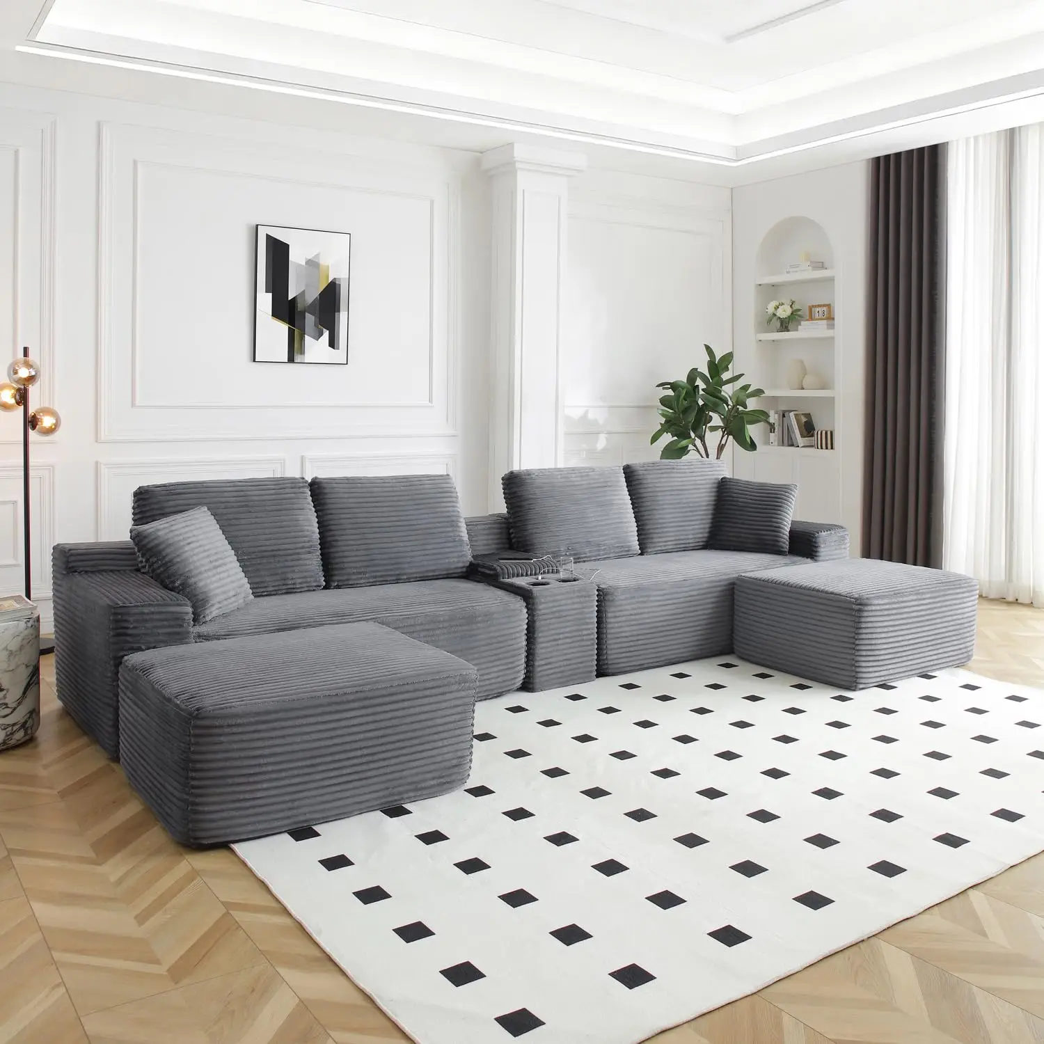 125" Oversized Modular Sectional Sofa, Deep Seat Cloud L-Shaped Corduroy Couch with Cup Holders, USB Ports &, Customized - view 3