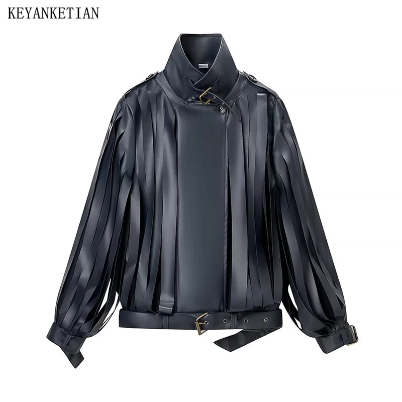KEYANKETIAN lente nieuwe dames hoge hals kunstleer kwastje tailleband met leren jas en dames motorfiets leren jas