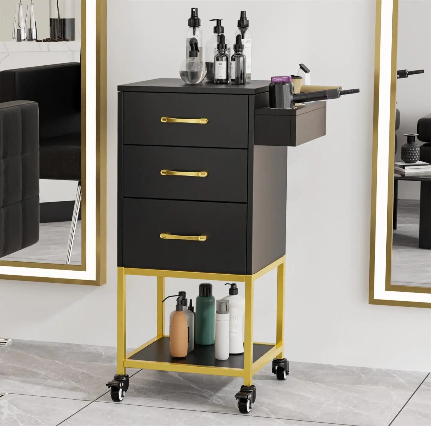 

Salon Trolley Cart with Wheels, Salon Station for Stylist, Hair Storage Cabinet with Dryer Holder & Drawer & Open, Customized