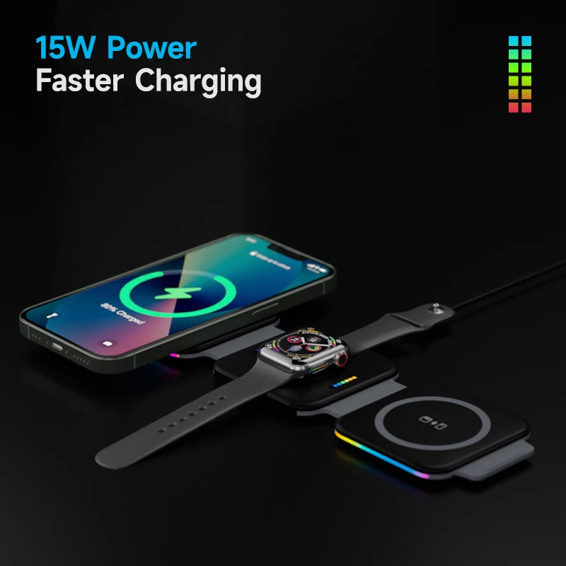 15W 3 in 1 Magnetic Wireless Charger For iPhone 13 12 11 Pro Max iWatch 7 6 Airpods Pro Portable Foldable Wireless Chargers Pad