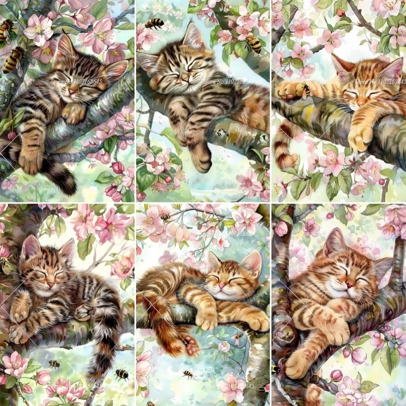 Cat Sleeping Stitch Products Diamond Painting Pink Blooming Apple Tree Full Rhinestones Embroidery Needlework Handmade Gift