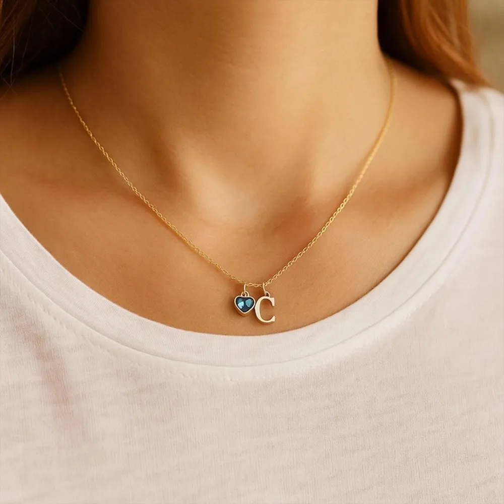 

Custom Initial Necklace with Heart Birthstone Charm Personalized Letter Pendant Jewelry Gift for Women Girls