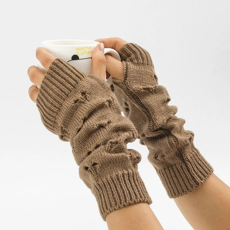 Women's Fashion Knitted Warm Pile Arm Cover Long Fingerless Gloves Winter Solid Casual Street Crochet Thumb Hole Arm Sleeves