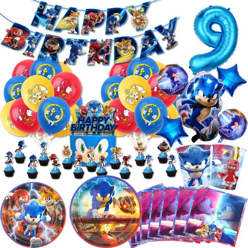 New Cartoon Sonics Party Supplies Balloon Kids Event Supplies Disposable Tableware Set Banner Backdrop Baby Shower Decorations