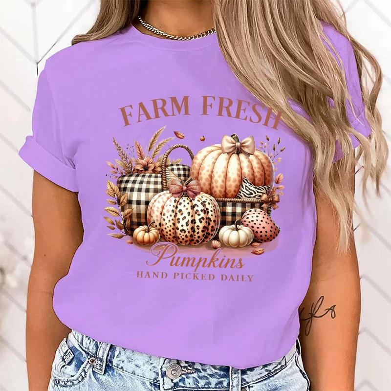 New Hot Autumn Farm Fresh Pumpkins Hand Picked Daily Printed T-Shirts Women Girl Unisex Casual Loose Round Neck