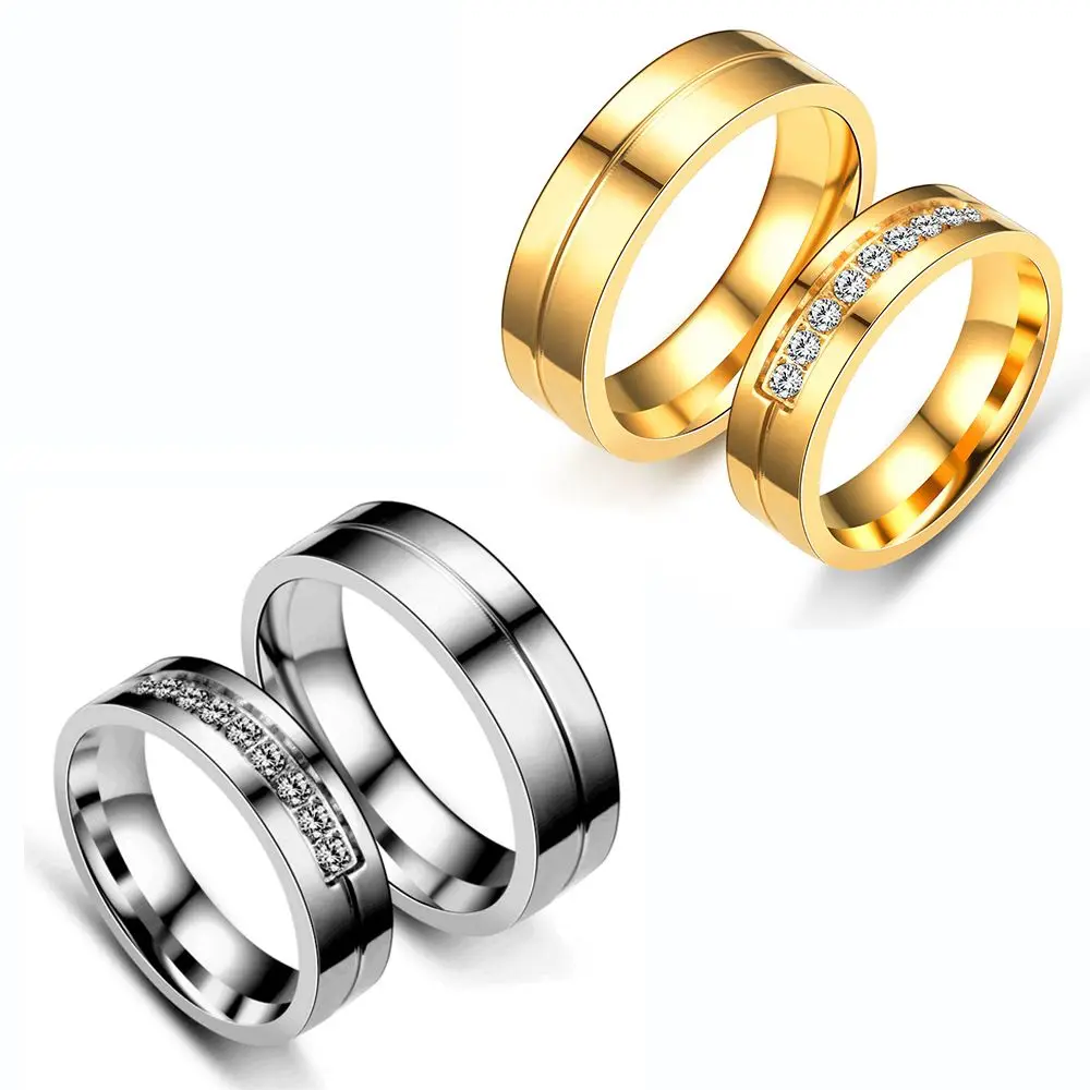 Fashion Love Golden Silver Cubic Zirconia Couples Ring Stainless Steel 18K Gold Plated Wedding Band Ring