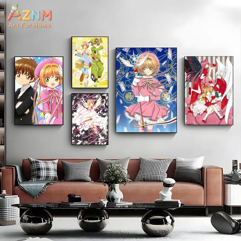 AZNM Cardcaptor Sakura - Lienzo decorativo para pared, póster de anime de Kinomoto Sakura Syaoran Li, impresión en lienzo sin marco, chica mágica japonesa H