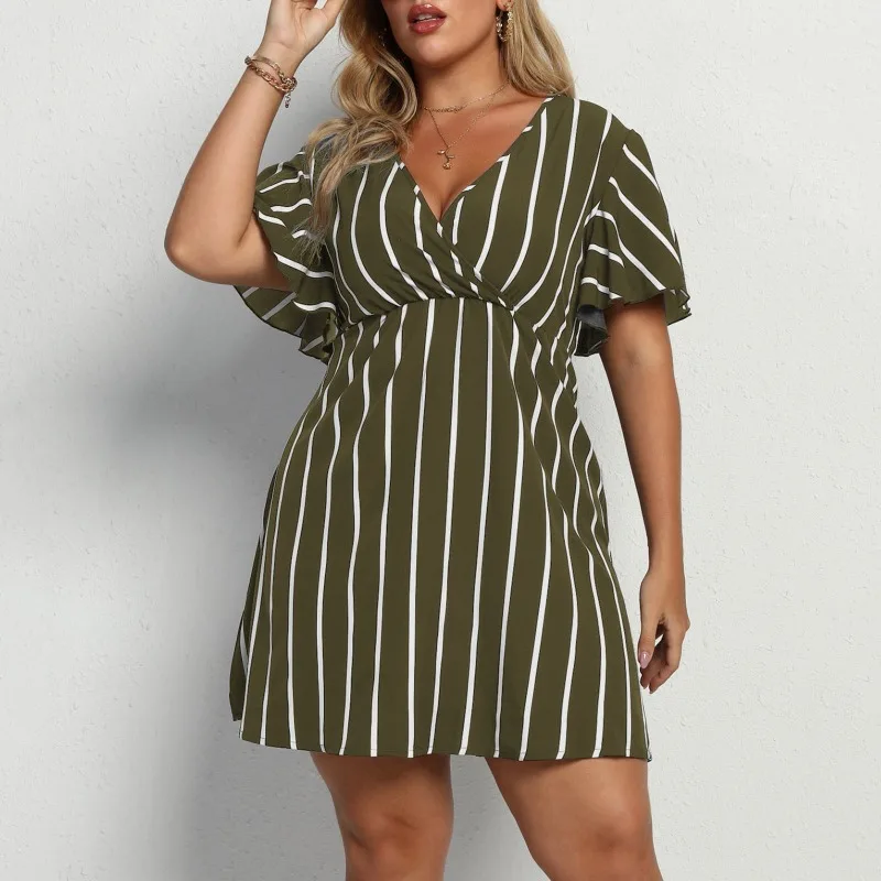 L-4XL grande taille robes pour femmes vêtements bohême rayure été manches courtes col en V profond adt décontracté sexy plage robe mi-longue