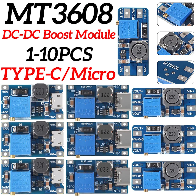 1-10PCS MT3608 DC-DC Step Up Converter Booster Power Supply Module Boost Step-up Board MAX output 28V 2A