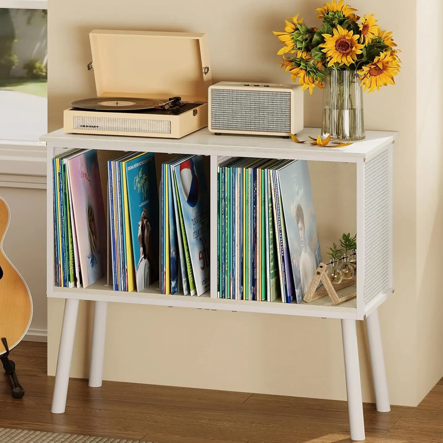 

Record Player Stand, Large Vinyl Record Storage with Adjustable Divider, Holds Up to 200 Albums, Multifunctional Vintage