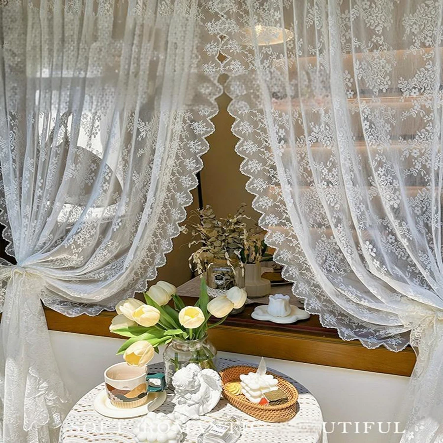 

French Romantic White Lace Translucent Curtains with Ruffled Lace ,Small Window Half Curtain Partition Room Blocking Door Drapes