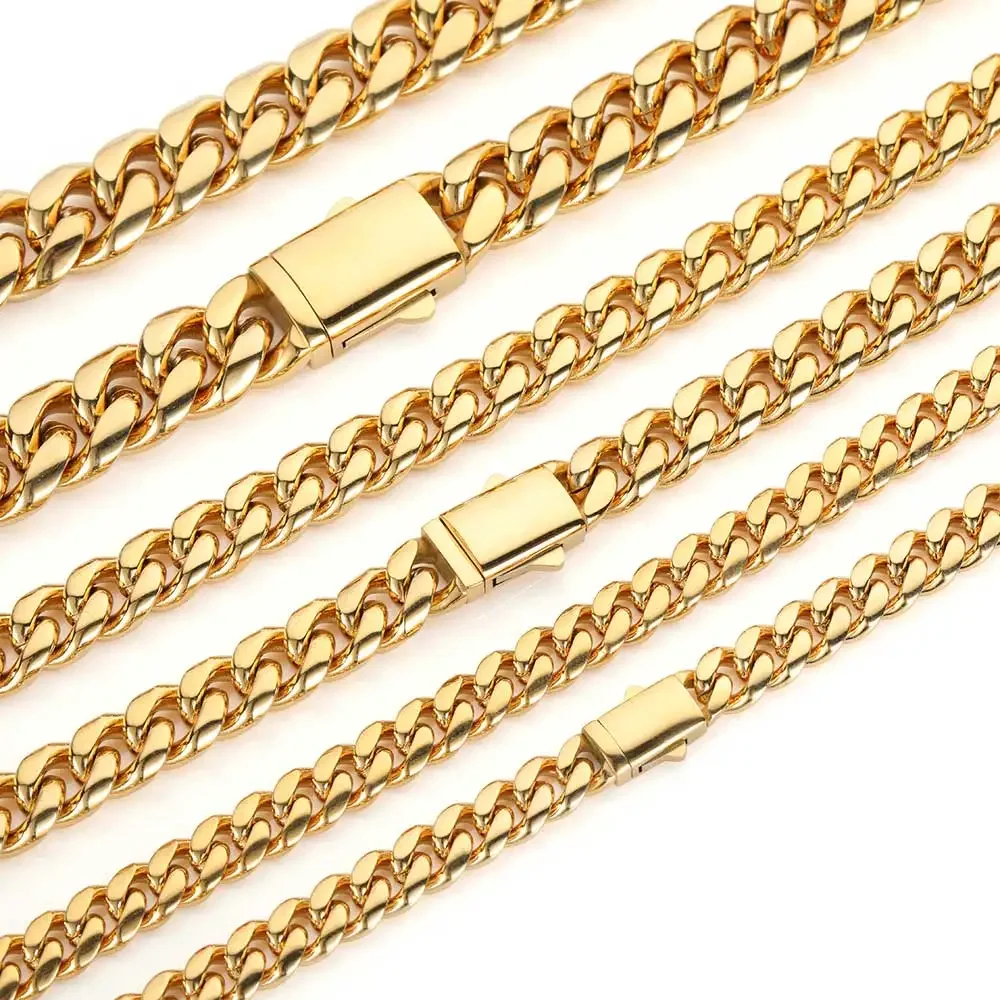 Hochwertige Breite 8–14 mm, Edelstahl, goldfarben, kubanische Kette, wasserdichte Panzergliederkette für Männer und Frauen, verschiedene Größen – Detail 5