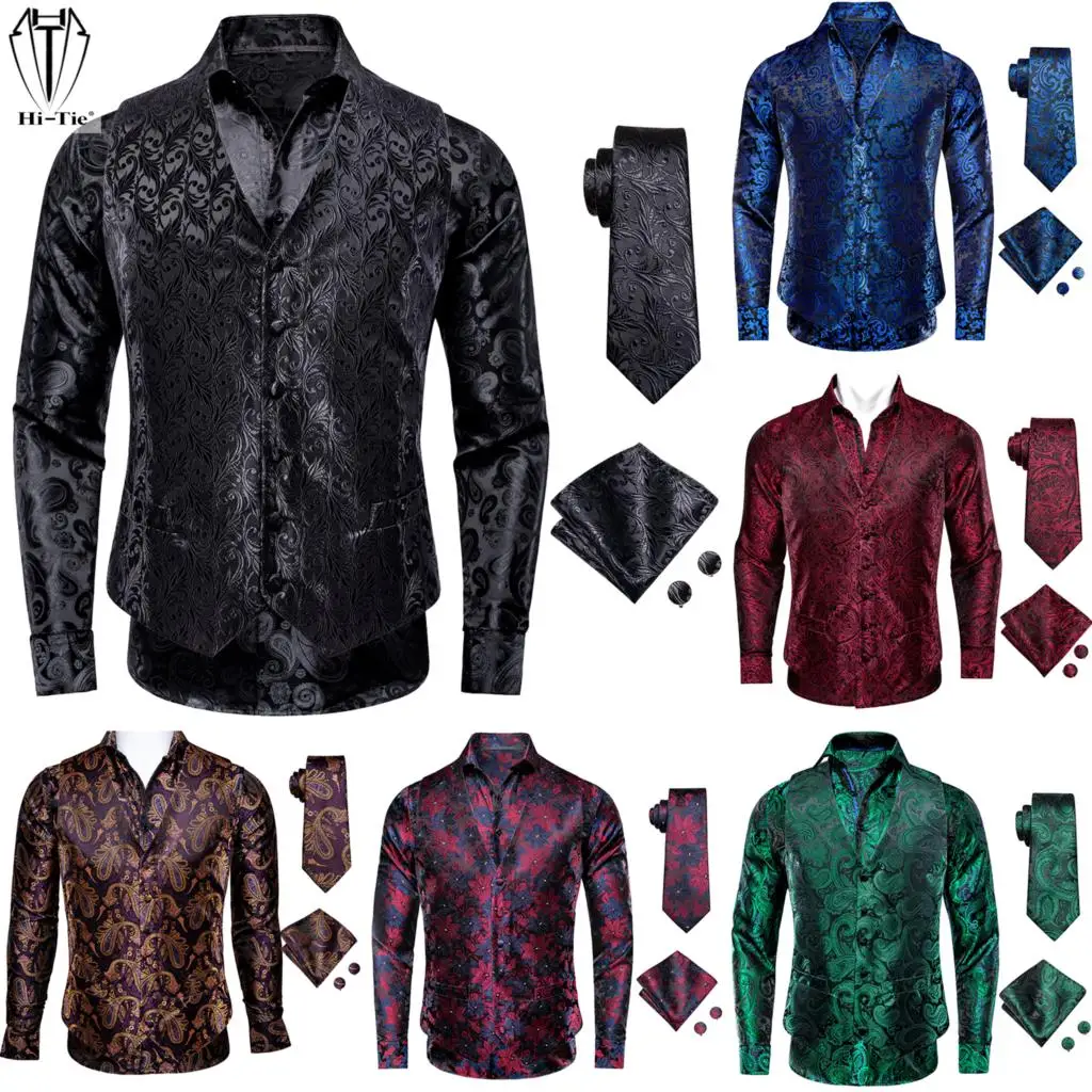 цена Hi-Tie Black Silk Mens Shirt Vest Tie Hankerchief Cufflinks Jacquard Paisley Floral Male Blouse Waistcoat Designer Wedding Party