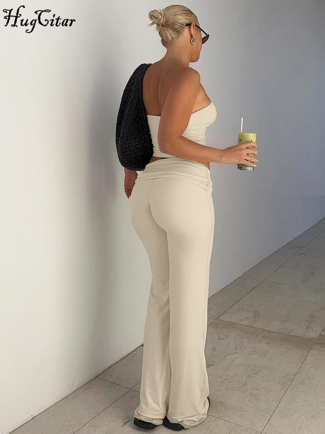 Hugcitar Summer Casual 2 Pcs Sets Solid Slash Neck Long Sleeve Sexy Crop Top Wide Leg Pants Y2K Outfit Streetwear Festival