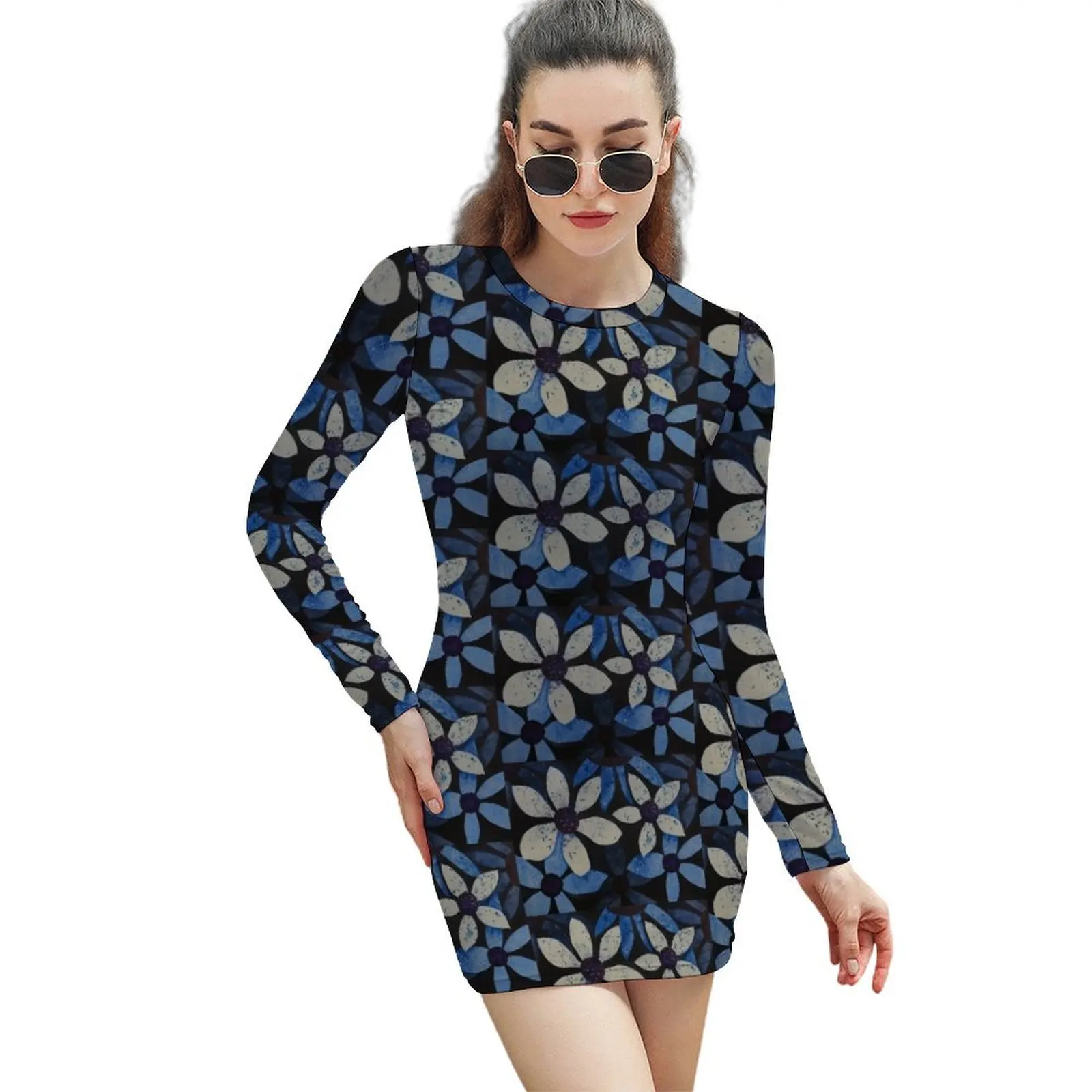 

BLUE FLOATING FLOWERS Long-Sleeved Sheath Dress summer dresses Dress women women's evening dress 2024 Women's summer long