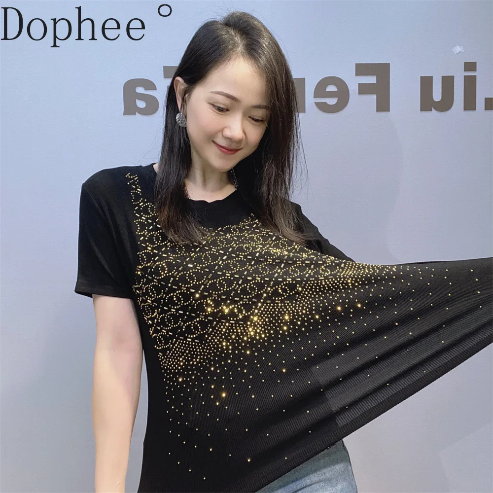 

2025 New Summer Women Cotton Basic Top Shiny Hot Drilling Slim O-neck Pullover Top All-match Women Black Short Sleeve T-shirt