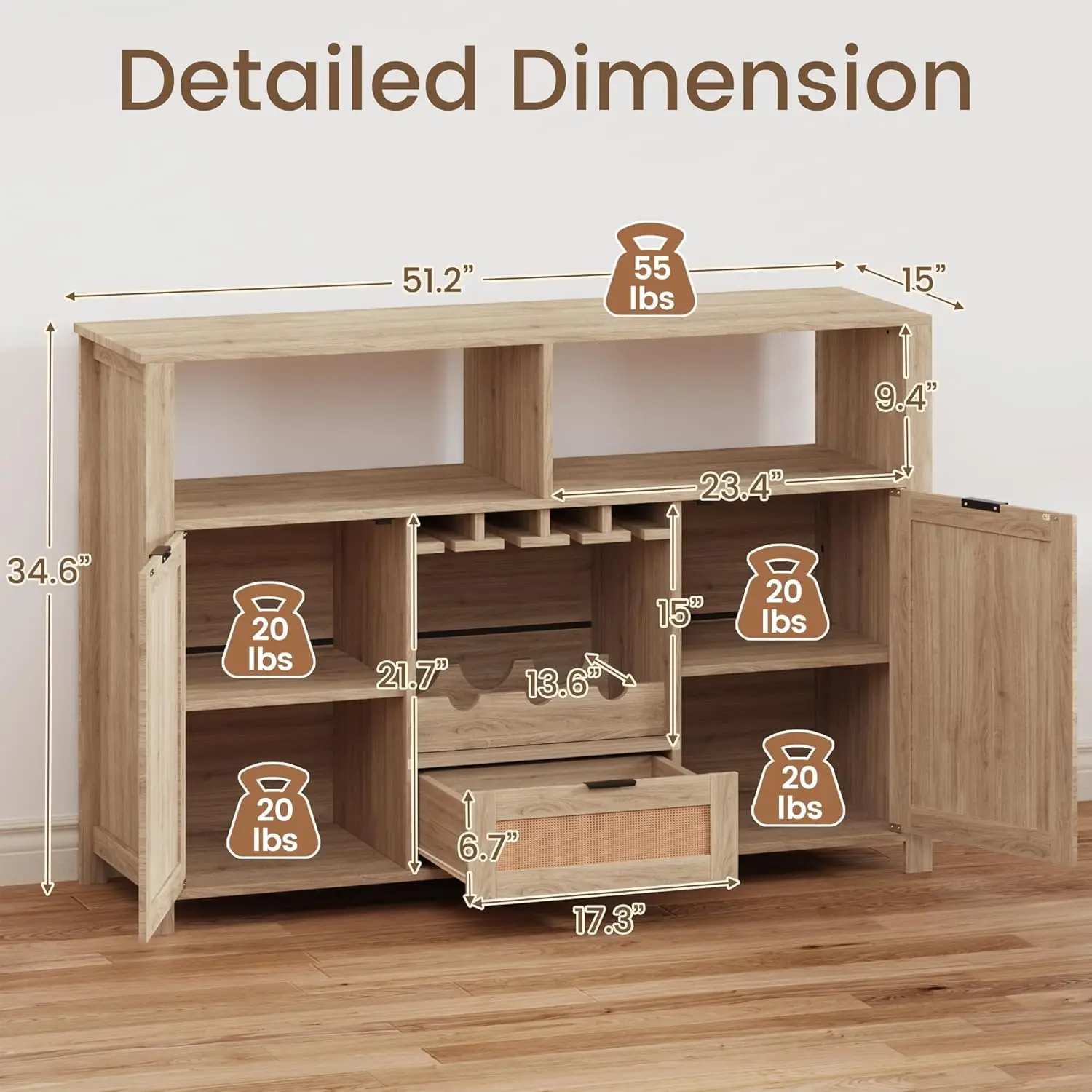 Buffet Cabinets with Storage, 51" Rattan Sideboard with Removable Wine Rack and Glass Holders, Boho Farmhouse Wine, Customized