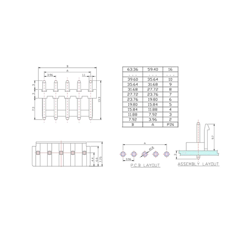 الملعب 3.96 مللي متر موصل المكونات الإلكترونية حامل إبرة 2P3P4P5P6P8P9P VH3.96 موصل طرفي #2