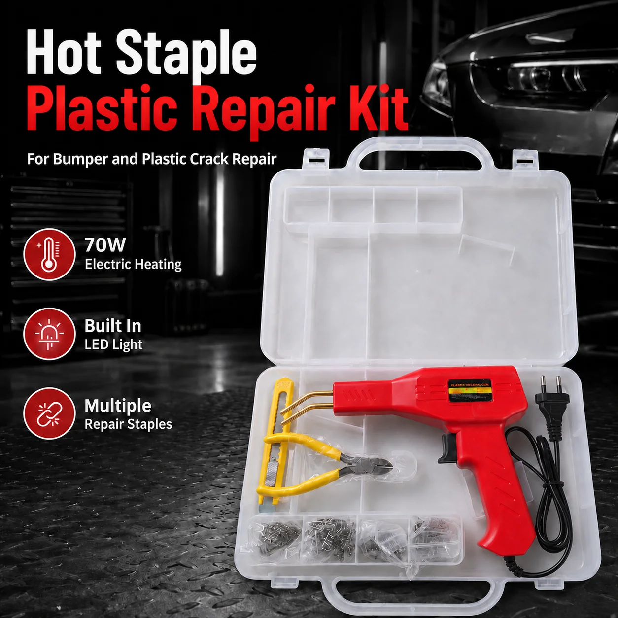 Kit de réparation plastique à agrafes chaudes 70W, outil chauffant électrique avec lumière LED, 4 formes d'agrafes, étui de rangement, pince coupante, couteau utilitaire pour pare-chocs de voiture, carénage de moto, panneau de tableau de bord, renforcement des fissures de boîtiers en plastique, réparation automobile DIY, garage professionnel