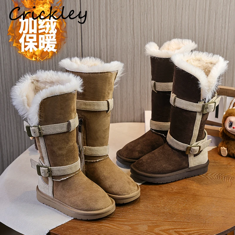 

Fashion Suede PU Girls Snow Boots Winter Buckle Faux Fur Plush Warm Kids Long Shoes Thicken Flipped Zip Soft Children Boots
