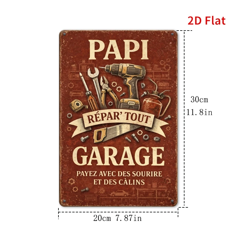 2D Flat - 2D Plane Design, 1 French Papi Rèpar'Tout Garage Sign - Vintage Metal Wall Decoration with The French Phrase 