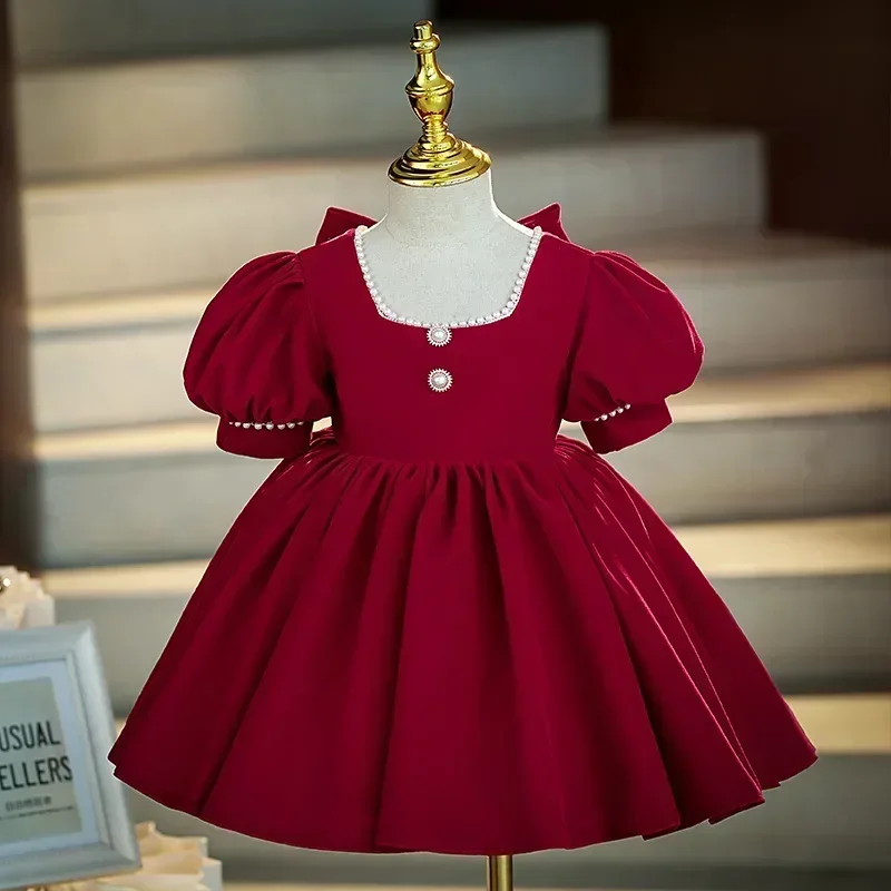 2025 Red Dress For Children Formal Party Dresses For Baby Girl ClothesKids Girls Teenagers Beading Plain Ball Gown With Big Bow