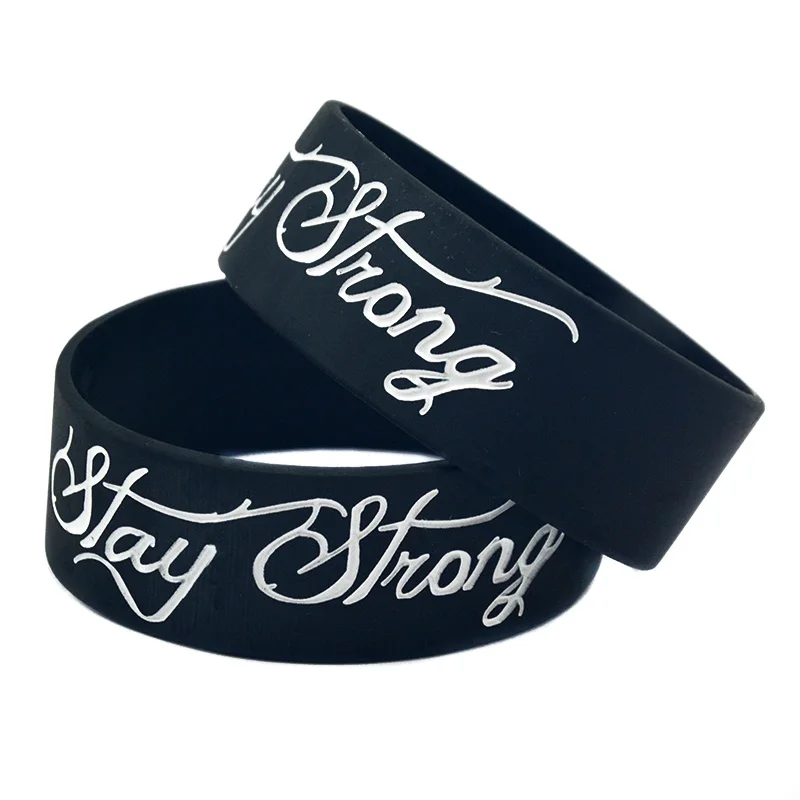 1 PC Stay Strong Rubber Wristband One Inch Wide Bangle Motivational Silicone Bracelets Black