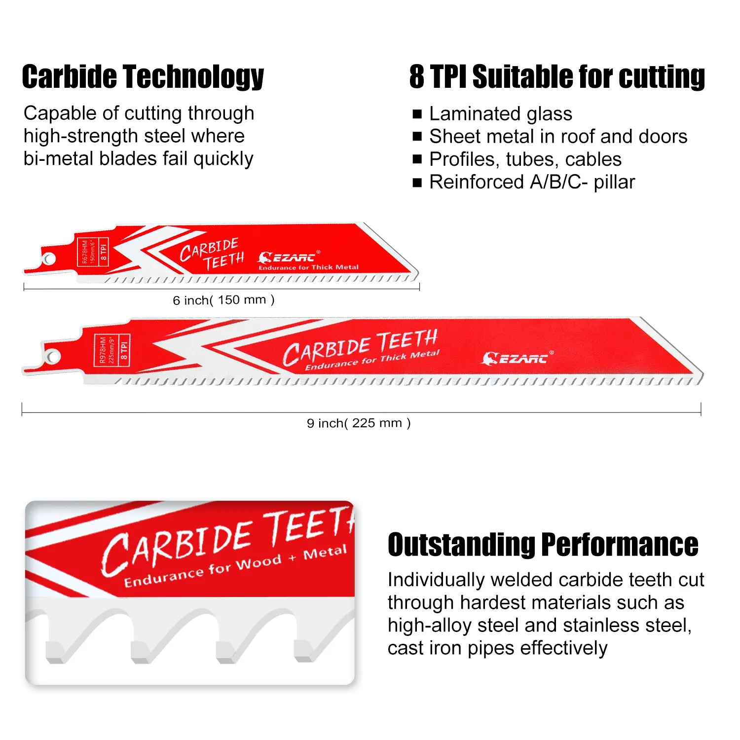 EZARC 1/3Pcs Carbide Reciprocating Saw Blade R678HM/ R978HM Endurance for Thick Metal, Cast Iron, Alloy Steel 6-Inch 9-Inch 8TPI