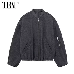 TRAF 2024 Tweed Bomber Jackets for Women Zipper Oversized Jacket Woman Autumn Winter Outerwear Long Sleeve Casual Jacket Women