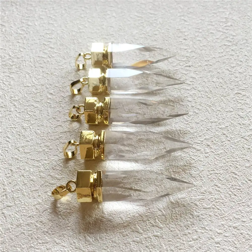 FUWO Wholesale Natural Crystal Quartz Spike Pendant,Golden Plated Pendulum Semi Precious Stone Jewelry Accessories 5Pcs PD085GW