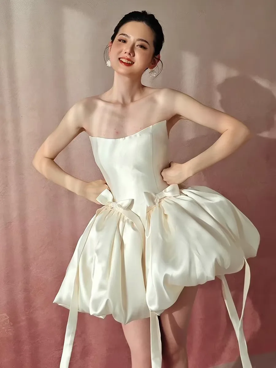 

White Satin Short Dress Sweet Style Ribbon Bridesmaid Party Performance Celebration Elegant Dress for Wedding Registry