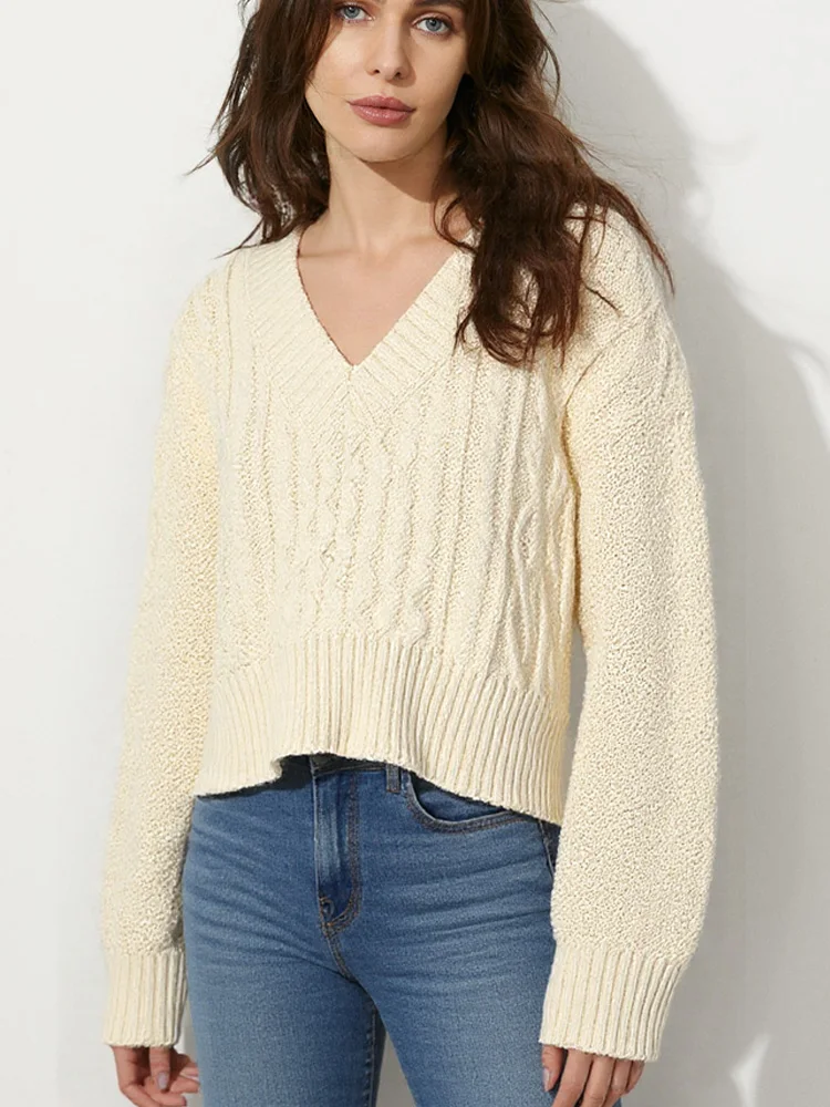 

Осень-зима, повседневные свободные пуловеры, вязаный короткий свитер, женские элегантные свитера с v-образным вырезом и длинными рукавами, зимняя одежда