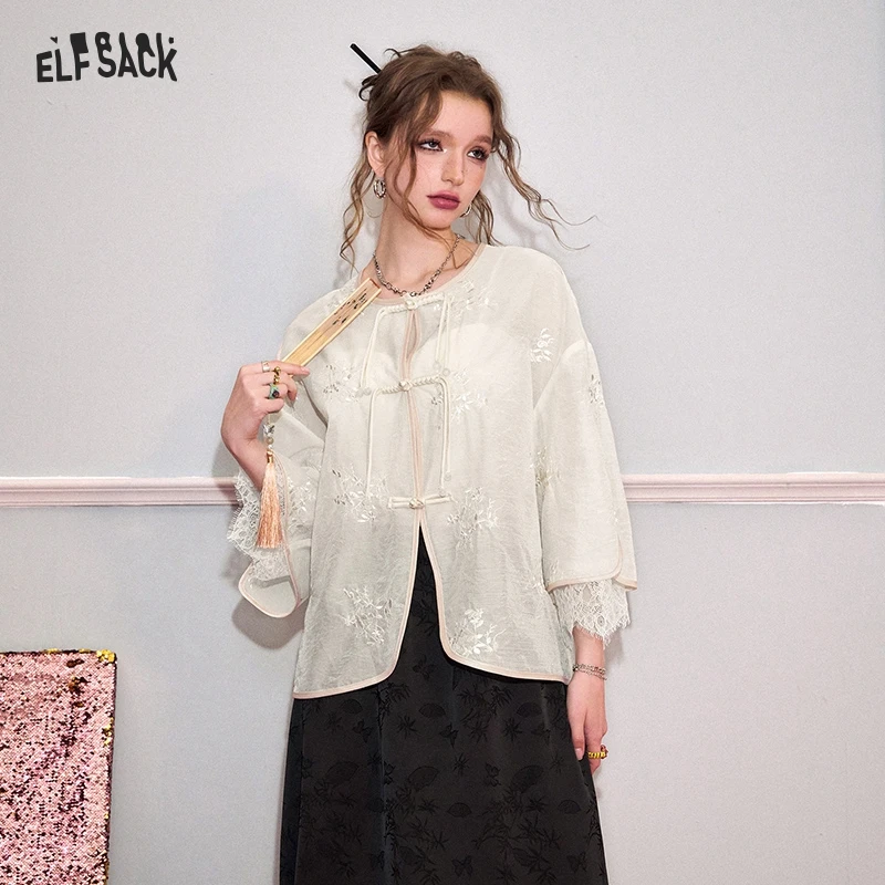 ELFSACK 2024 Summer New Arrivals Neo-Chinese Style Lace Stitching Frog Button Shirt Women Loose and Elegant Tops