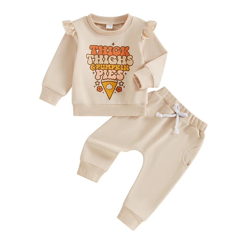 

2Pcs Toddler Baby Girl Halloween Outfit Ruffle Long Sleeve Letter Print Pumpkin Pie Sweatshirt Tops Elastic Waist Long Pants