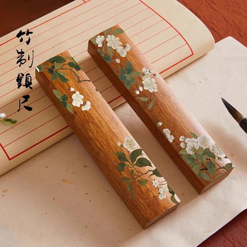 

Bamboo Chinese Calligraphy Paperweight - Handmade Vintage Scholar Desk Accessory with Ink Painting, Zen Home Office Decor