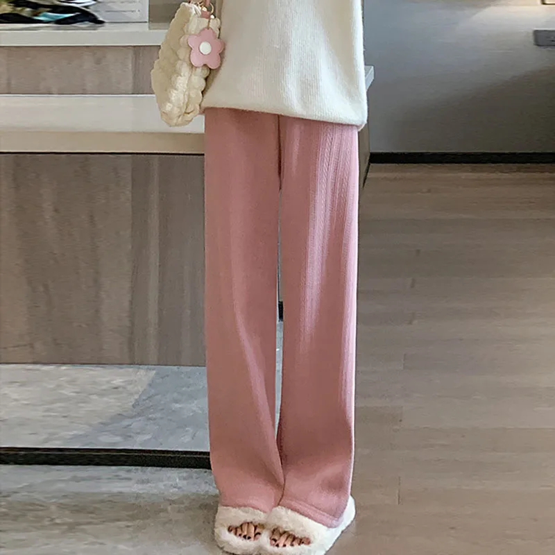 

2023 New Autumn Winter Warm Women Wide Leg Pants Striped Elastic Waist Chenille Plush Pants Casual Loose Elegant Straight Pants