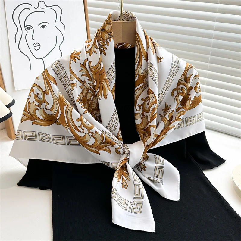 Luxury Retro Ethnic Style 90cm Printed Large Square Scarf Twill Silk Headscarf All-Match Sunscreen Shawl for Women