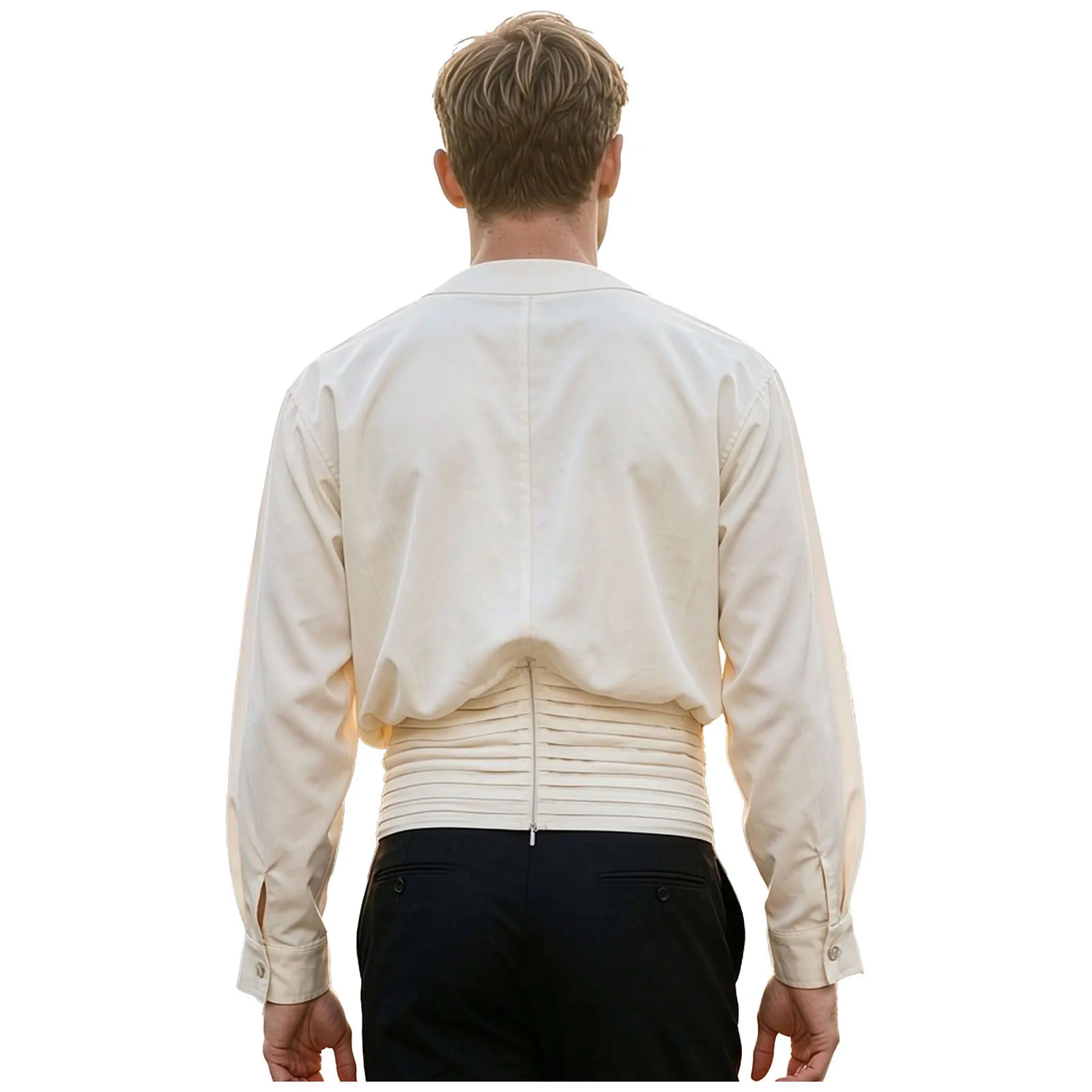 Men Deep V Neck Shirt Pleated Waist Satin Shirt Long Sleeve Zipper Tops for Party Music Festivals Concert Stage Performance